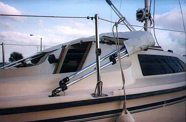 Bimini top in stored position, Precision 18
